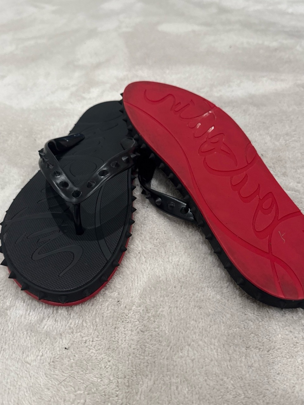 Christian Louboutin Black Flip-Flop Sandals with Red Soles and Spike Trim